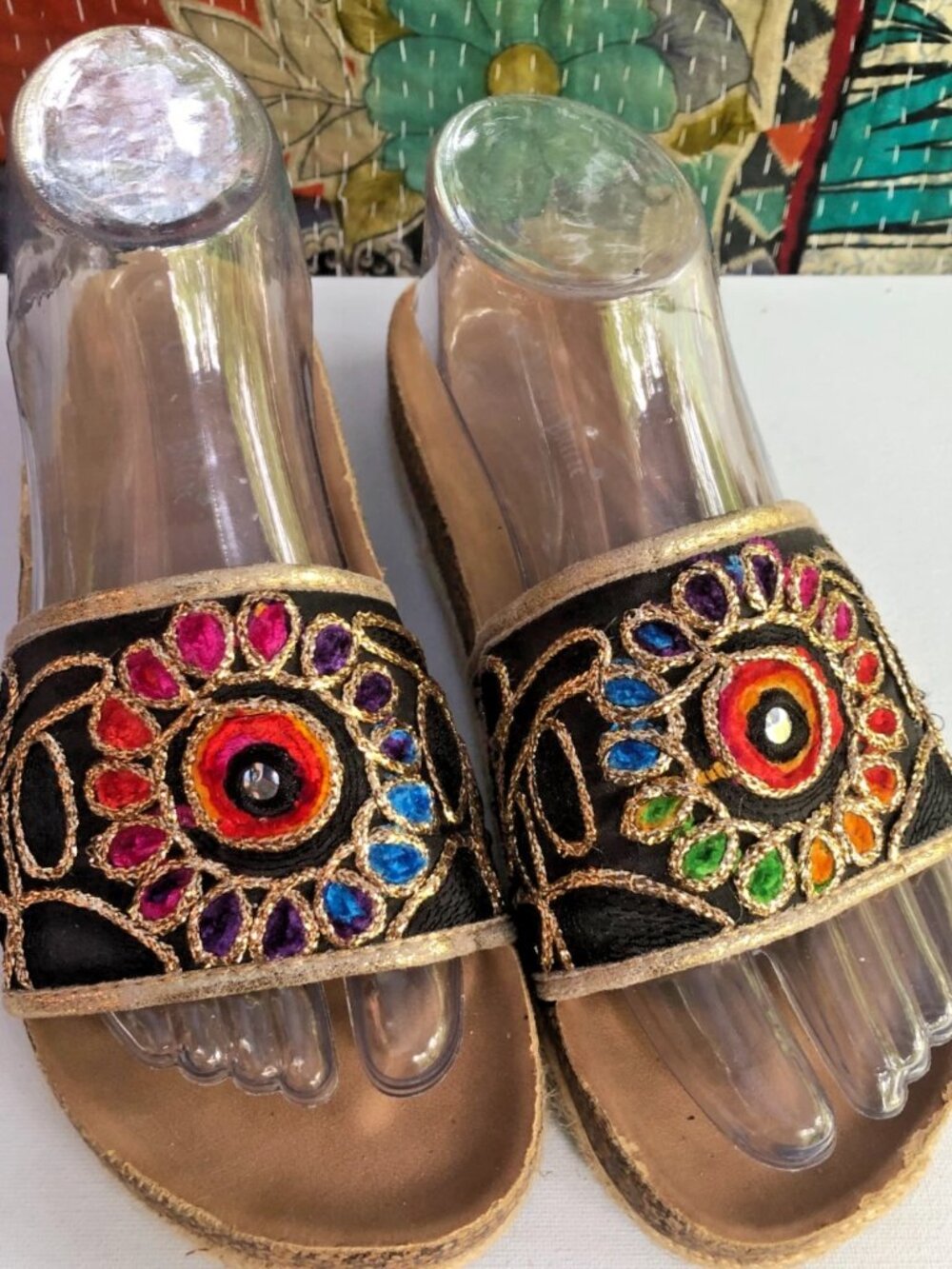 Nature Breeze Black Slide Sandals Beaded Embroidered Boho Size 39